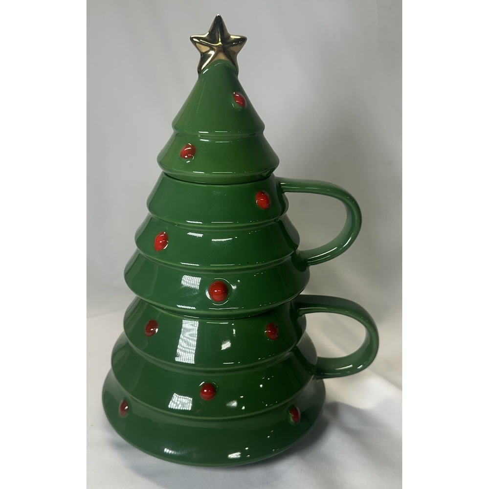 Hallmark Christmas Tree Stacking Mugs & Lid 10" Green Red Decorative